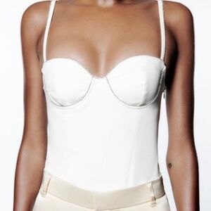 Zara Womens White Satin Rhinestone Bodysuit - Size S